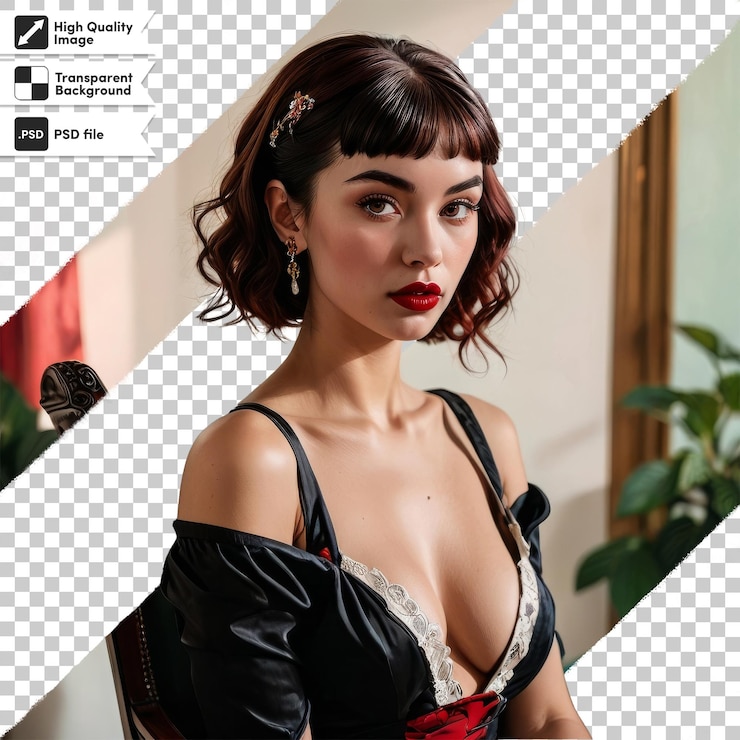 PSD una mujer con un labio rojo y un vestido negro y rojo en él