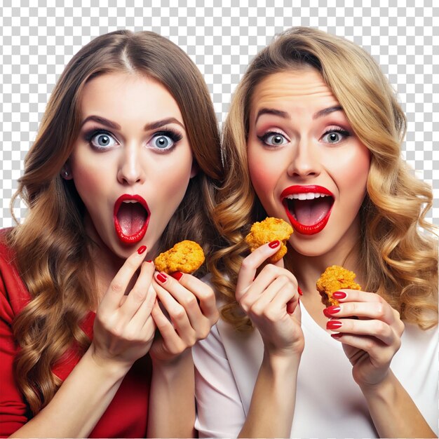 Una mujer con lápiz labial rojo sosteniendo una pieza de comida y haciendo una expresión sorprendida en un fondo transparente