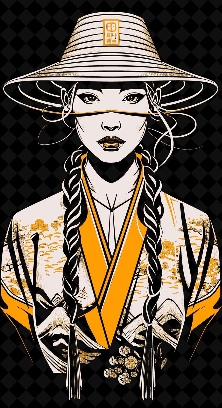 PSD una mujer con una larga trenza en el cabello está usando un kimono amarillo y naranja