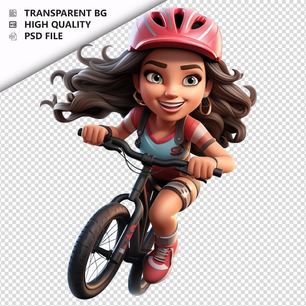 Mujer latina en bicicleta en 3d estilo de dibujos animados con fondo blanco