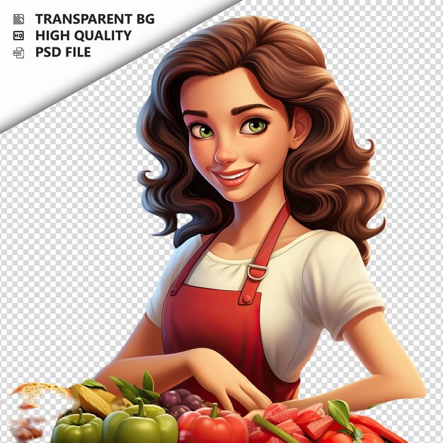 PSD mujer latina cocinando en 3d estilo de dibujos animados fondo blanco iso