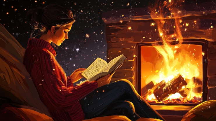 PSD mujer leyendo junto a una acogedora chimenea