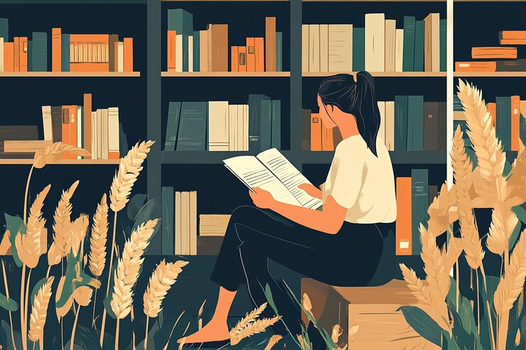 PSD mujer leyendo un libro en una biblioteca rodeada de trigo
