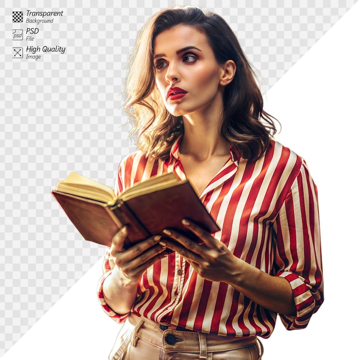 PSD mujer leyendo un libro en camisa a rayas sobre un fondo transparente