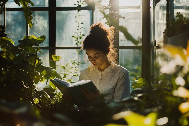 PSD mujer leyendo un libro en el invernadero la luz del sol fluye a través de las ventanas rodeadas de exuberante vegetación