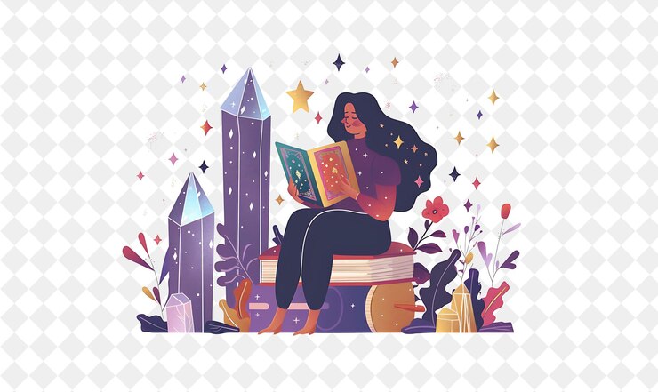 PSD una mujer leyendo un libro en un jardín de hadas
