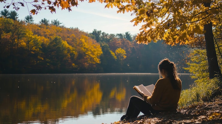 PSD mujer leyendo un libro junto al lago de otoño