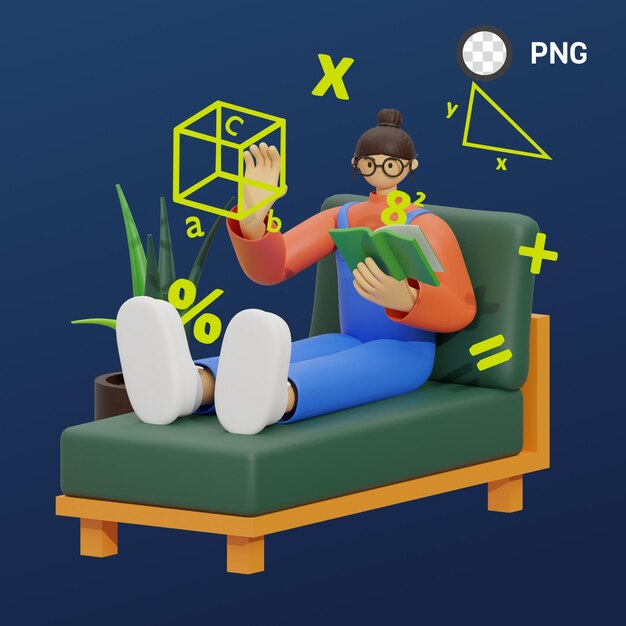Una mujer está leyendo un libro en un sofá con un triángulo y un símbolo de png.