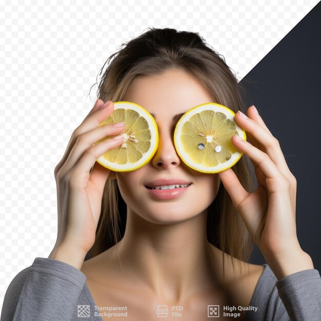 PSD una mujer con limones cortados por la mitad y la mitad de sus ojos son medio limón.