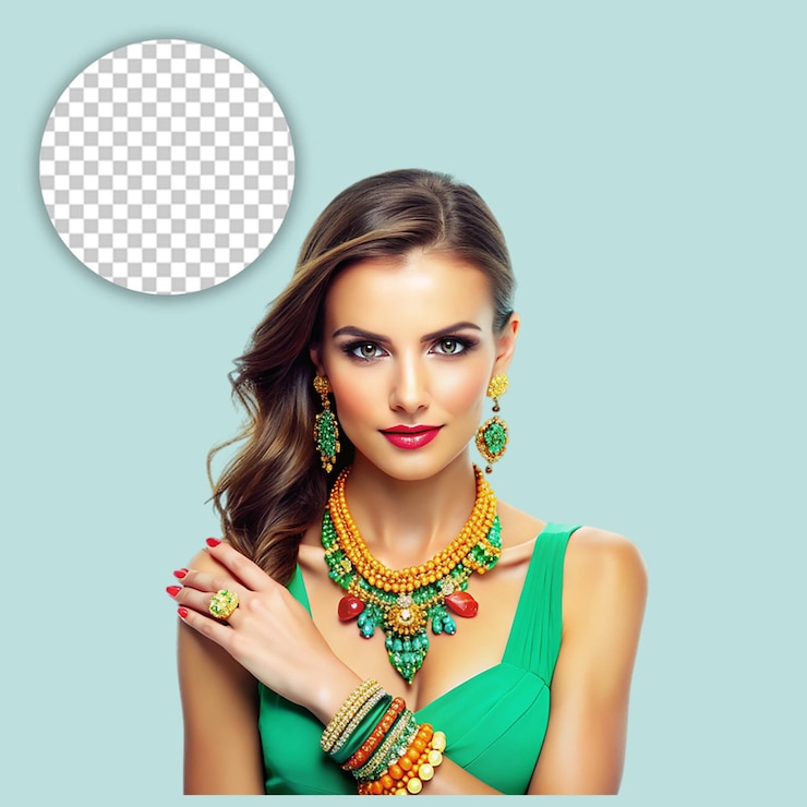 PSD mujer linda con un hermoso collar sobre un fondo transparente