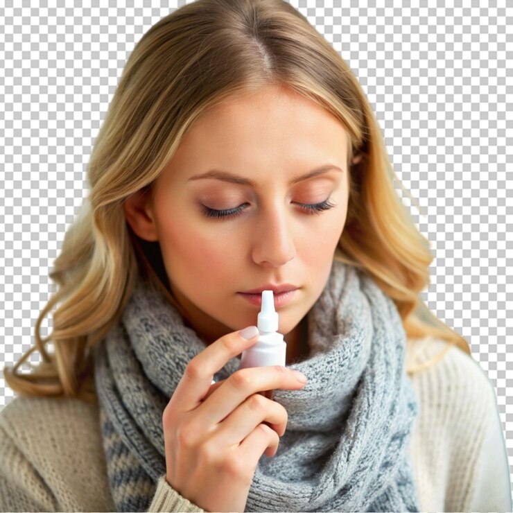 PSD mujer linda que amamanta resfriado nasal o alergia tratamiento de resfriado común o rinitis alérgica