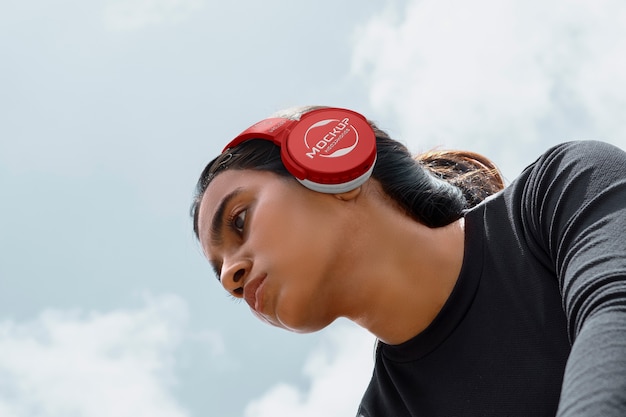 PSD mujer, llevando, auriculares, aire libre, ángulo bajo