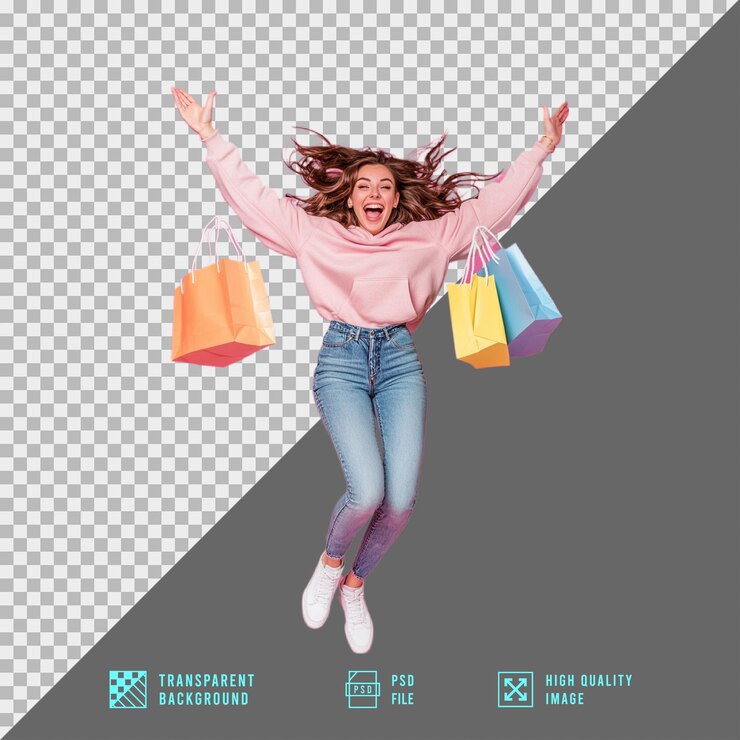 PSD mujer llevando bolsas de compras saltando aislada en un fondo transparente