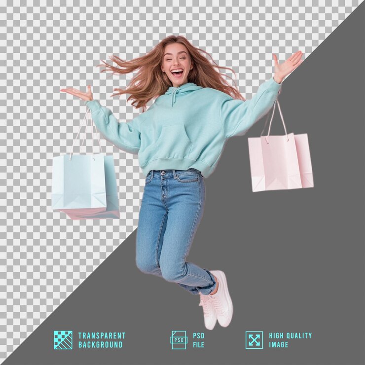 PSD mujer llevando bolsas de compras saltando aislada en un fondo transparente