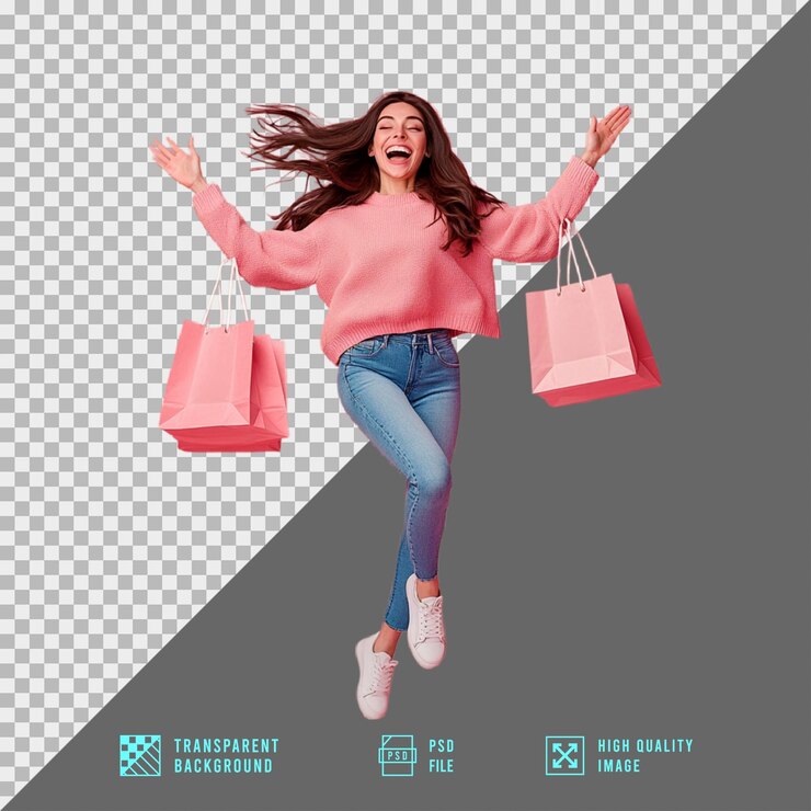PSD mujer llevando bolsas de compras saltando aislada en un fondo transparente