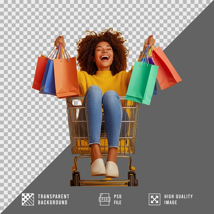 PSD mujer llevando bolsas de compras sentada en un carrito de compras aislada en un fondo transparente