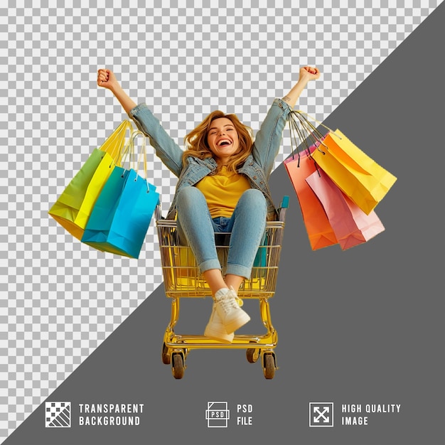 mujer llevando bolsas de compras sentada en un carrito de compras aislada en un fondo transparente