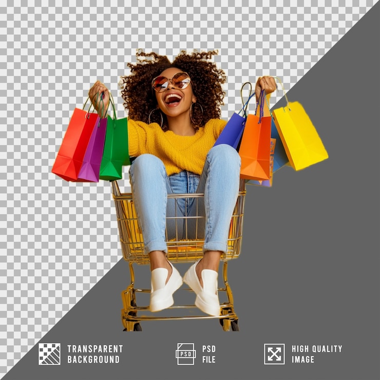 PSD mujer llevando bolsas de compras sentada en un carrito de compras aislada en un fondo transparente