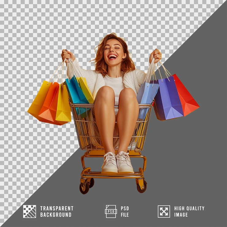 PSD mujer llevando bolsas de compras sentada en un carrito de compras aislada en un fondo transparente