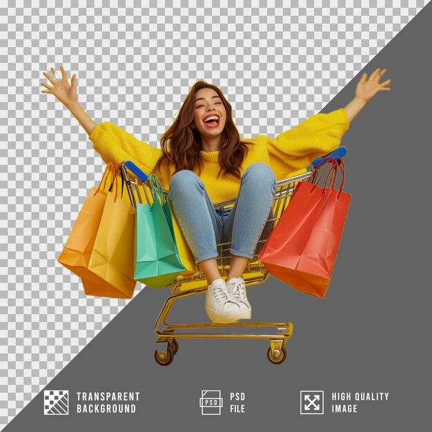 mujer llevando bolsas de compras sentada en un carrito de compras aislada en un fondo transparente