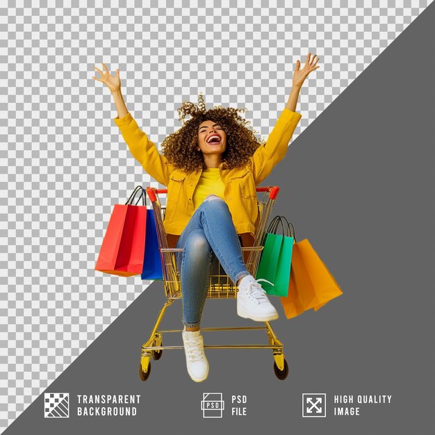 mujer llevando bolsas de compras sentada en un carrito de compras aislada en un fondo transparente