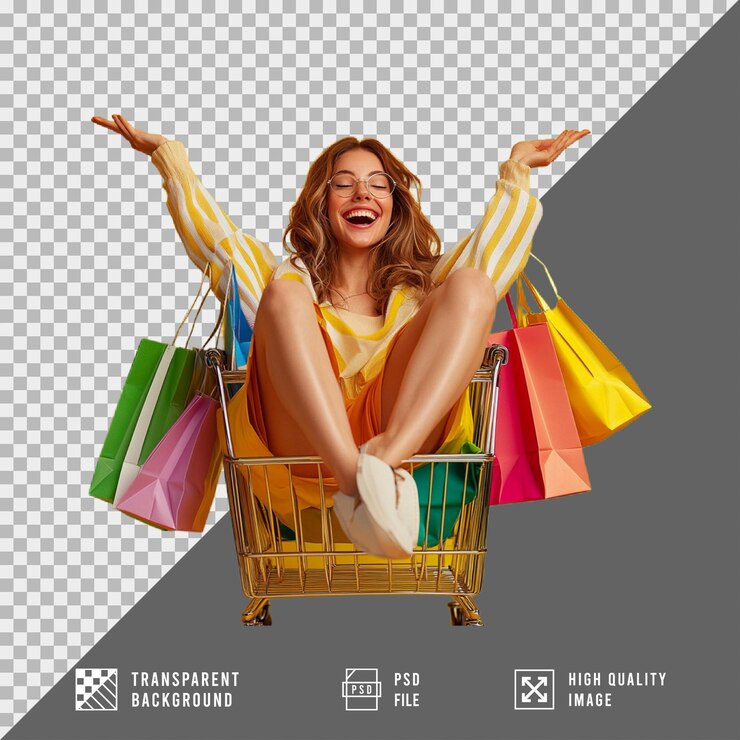 PSD mujer llevando bolsas de compras sentada en un carrito de compras aislada en un fondo transparente