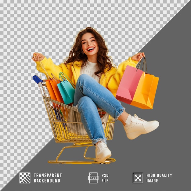 mujer llevando bolsas de compras sentada en un carrito de compras aislada en un fondo transparente