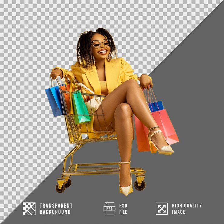 PSD mujer llevando bolsas de compras sentada en un carrito de compras aislada en un fondo transparente