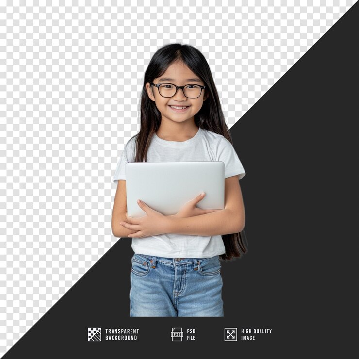 PSD una mujer llevando una computadora portátil sin fondo de calidad hd