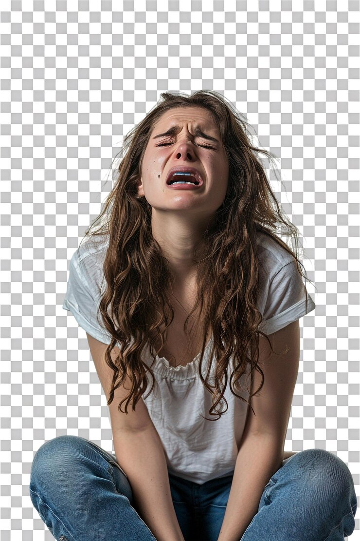 PSD mujer llorando sola en un fondo transparente