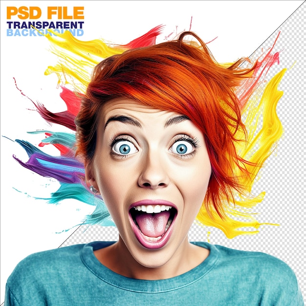 mujer loca colorida, feliz y sorprendida sobre un fondo transparente