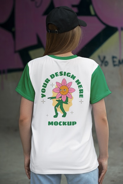 PSD mujer con logo en el diseño de maqueta de camiseta trasera
