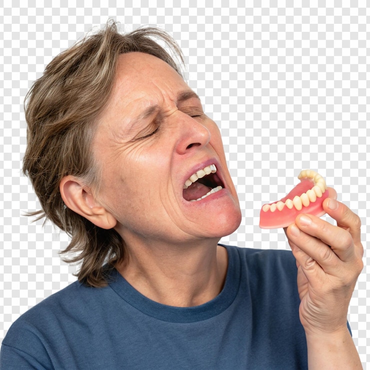 PSD mujer luchando con dentaduras dentales