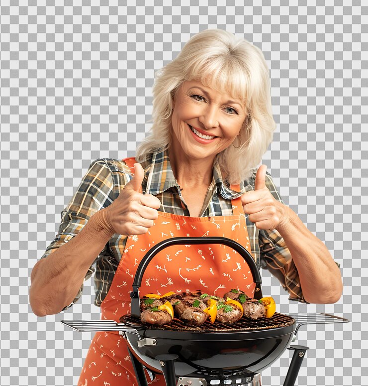 PSD mujer madura al lado de una parrilla de barbacoa portátil sosteniendo un tenedor en un fondo transparente
