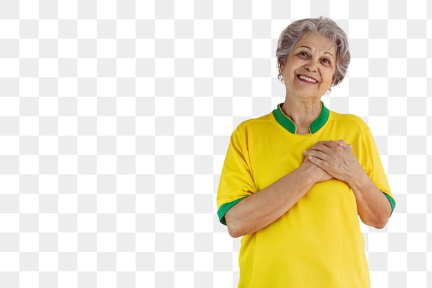 mujer madura, con, equipo de fútbol, camiseta amarilla, aislado, blanco