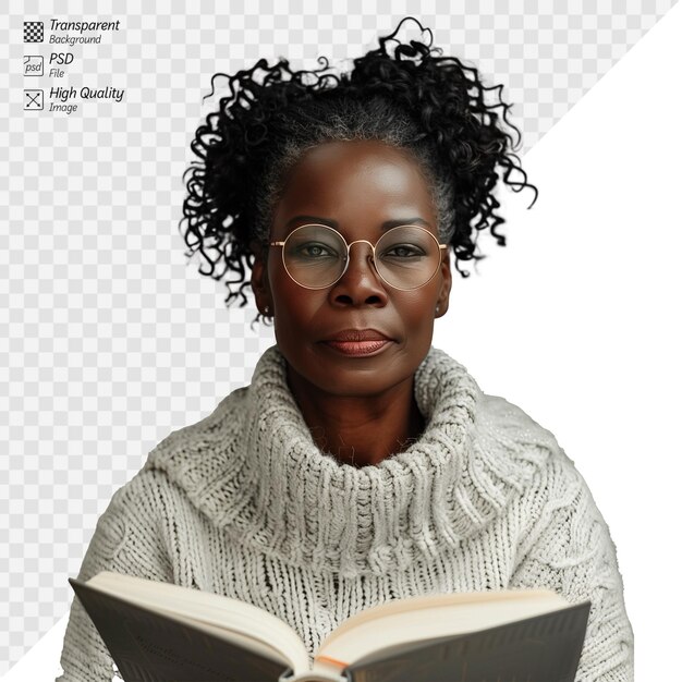 Una mujer madura serena leyendo un libro con una expresión neutral.