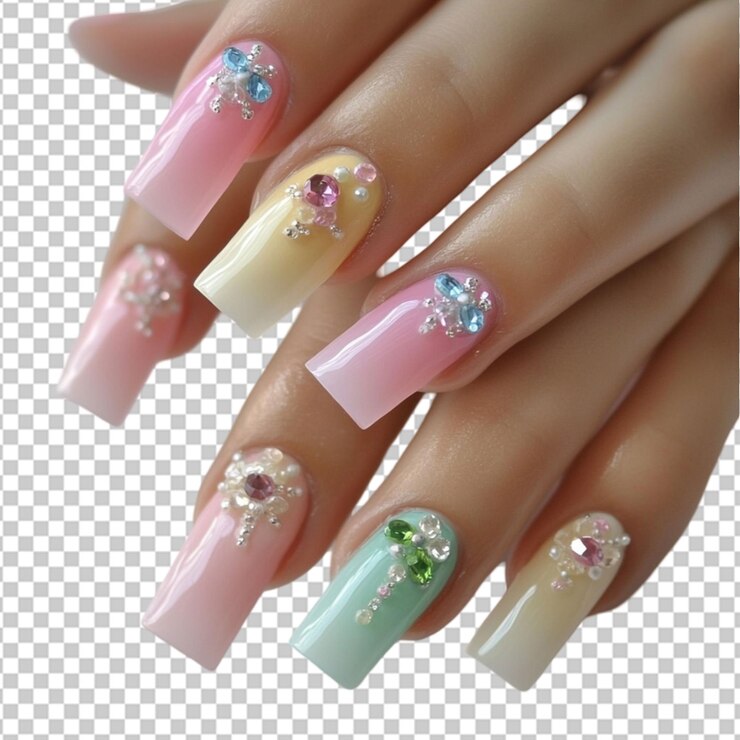 PSD mujer con una manicura rosa y un esmalte de uñas plateado y brillante
