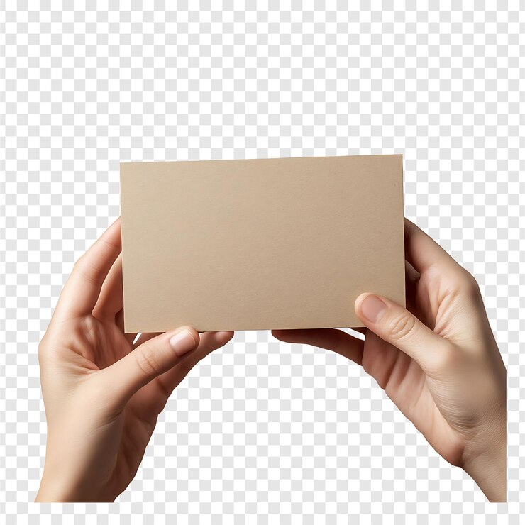PSD mujer con la mano sosteniendo una maqueta de tarjeta de visita blanca vacía en un fondo transparente