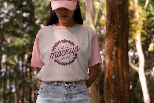 Mujer con maqueta de camisa al aire libre en la naturaleza