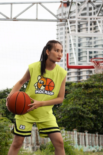 Mujer con maqueta de camiseta de baloncesto