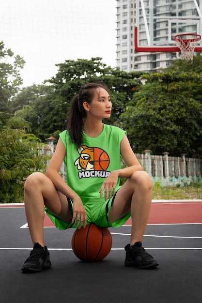 Mujer con maqueta de camiseta de baloncesto