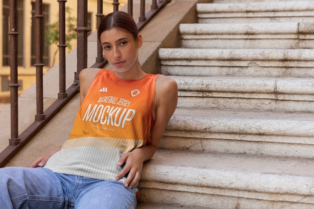 Mujer con maqueta de camiseta de baloncesto