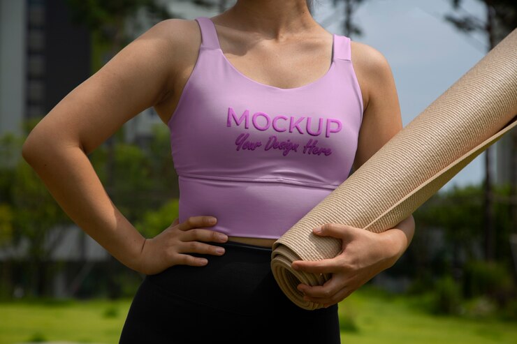 PSD mujer con una maqueta de equipo de yoga