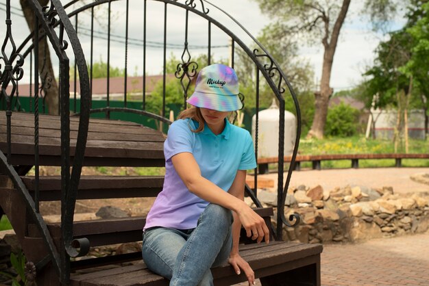 PSD mujer con maqueta de sombrero de pescador