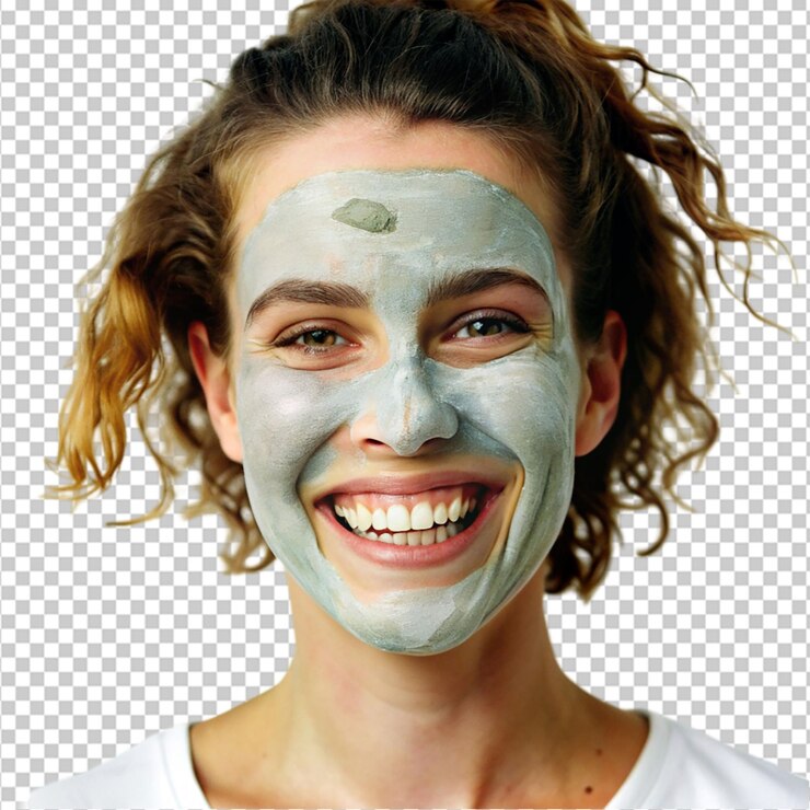 PSD mujer con máscara facial sonriendo en un fondo transparente