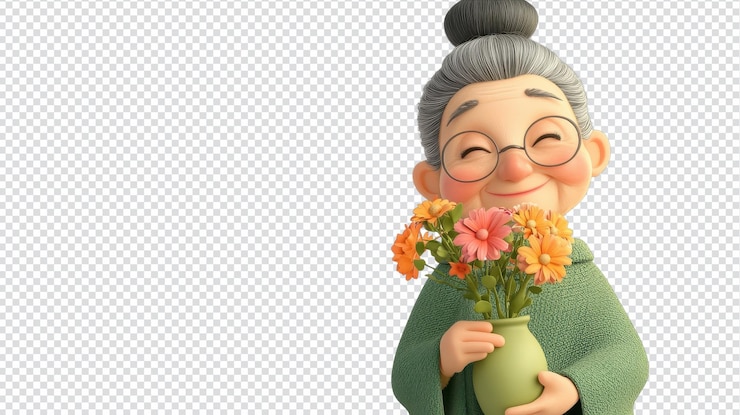 PSD una mujer mayor alegre sostiene un jarrón de flores de colores mientras lleva un acogedor chal verde que irradia calor y alegría
