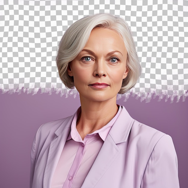 Una mujer mayor aliviada con cabello rubio de la etnia eslava vestida con ropa de administrador de base de datos posa en un estilo de mirada suave con cabeza inclinada contra un fondo pastel mauve