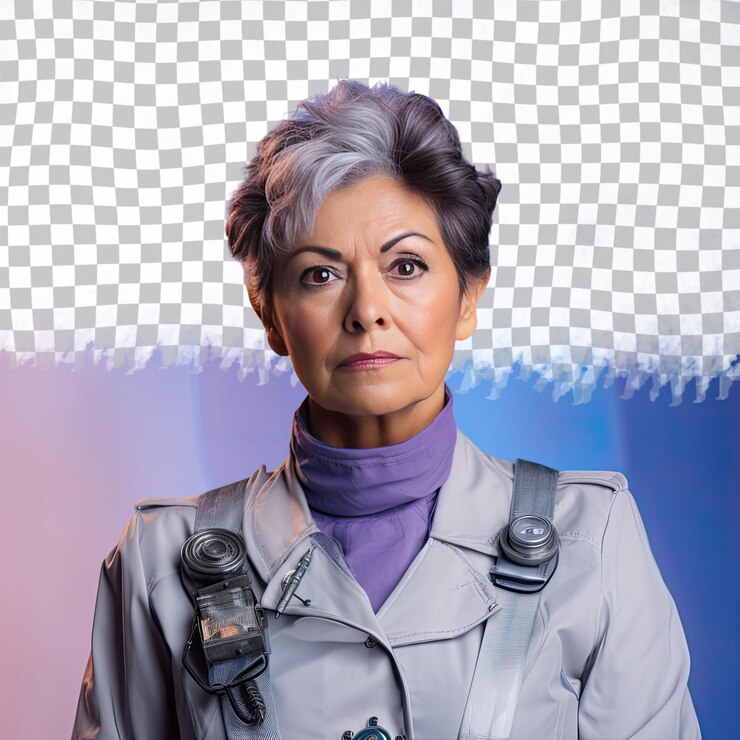 PSD una mujer mayor cautelosa con cabello corto de la etnia nativa americana vestida con atuendo de ingeniero mecánico posa en un estilo de espalda a la cámara con la cabeza girada contra un pastel periwinkle bac