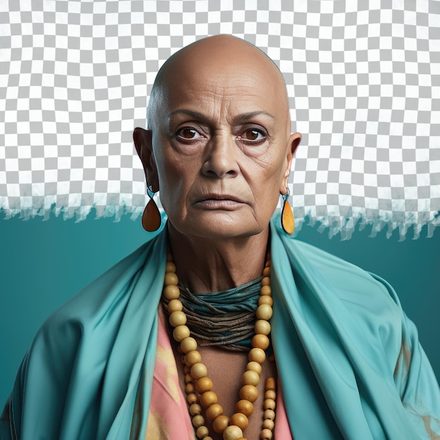 Una mujer mayor melancólica con cabello calvo de la etnia aborigen australiana vestida con trajes de cómics posa en un estilo de mirada directa intensa contra un fondo pastel teal