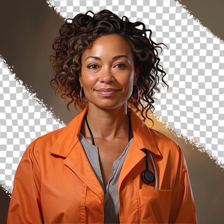 PSD una mujer de mediana edad con cabello ondulado de la etnia afroamericana vestida con atuendo de anestesista posa en un estilo de mirar por encima del hombro contra un fondo de mandarina pastel
